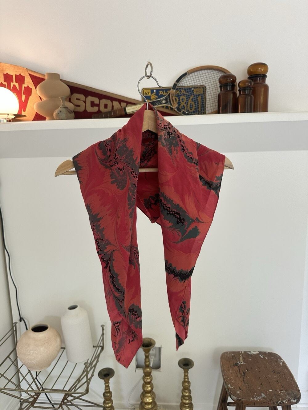 Vintage Red Marbled Silk Scarf 35.5 x 34